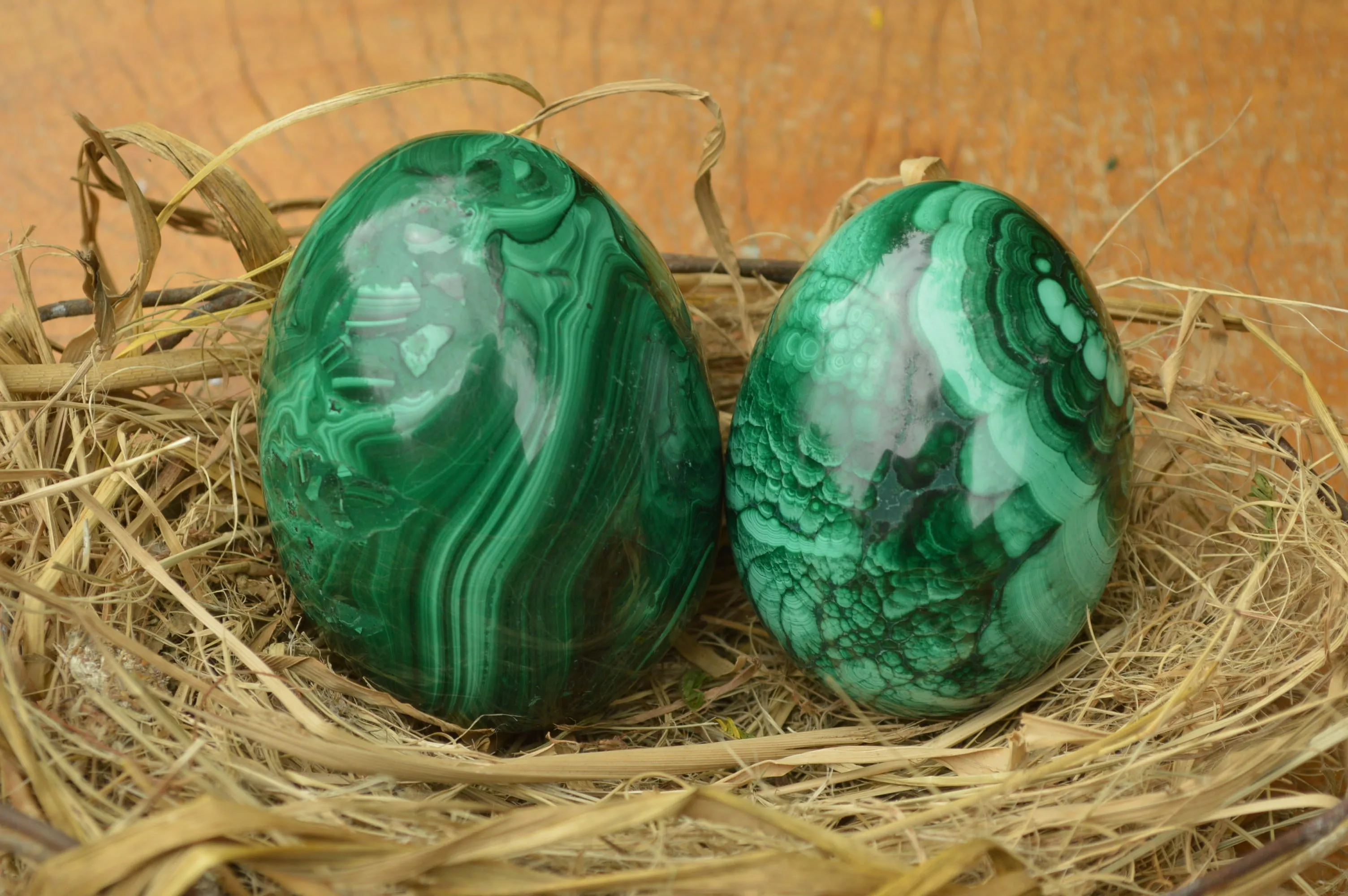 Polished Rare Malachite Gemstone Eggs x 2 From Congo