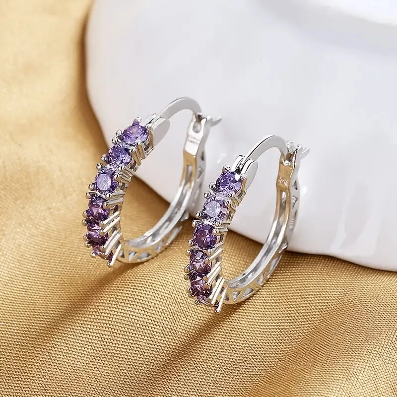 Purple Rhinestone Hoop Earrings