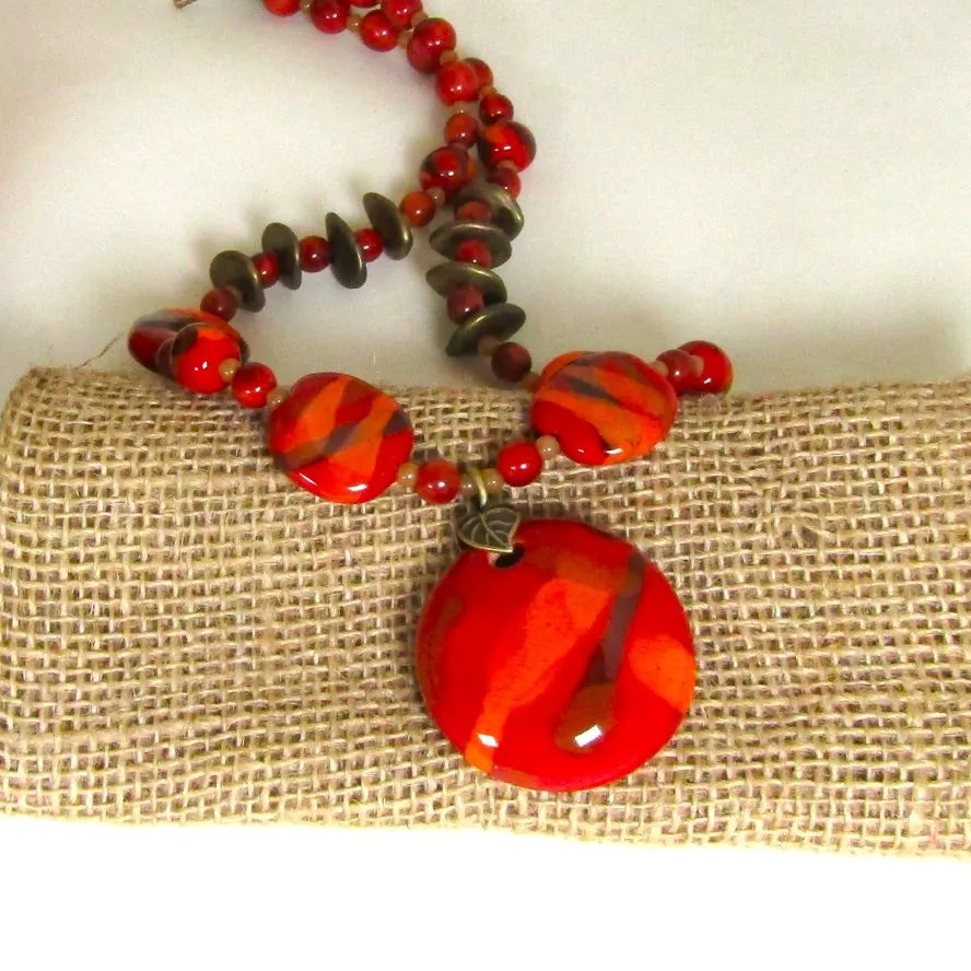 Red Bead Necklace Handmade Kazuri with Red Pendant