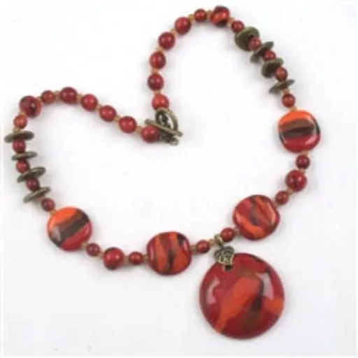 Red Bead Necklace Handmade Kazuri with Red Pendant