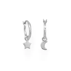 Rhodium Plated Moon and Star Charm Hoop Earrings