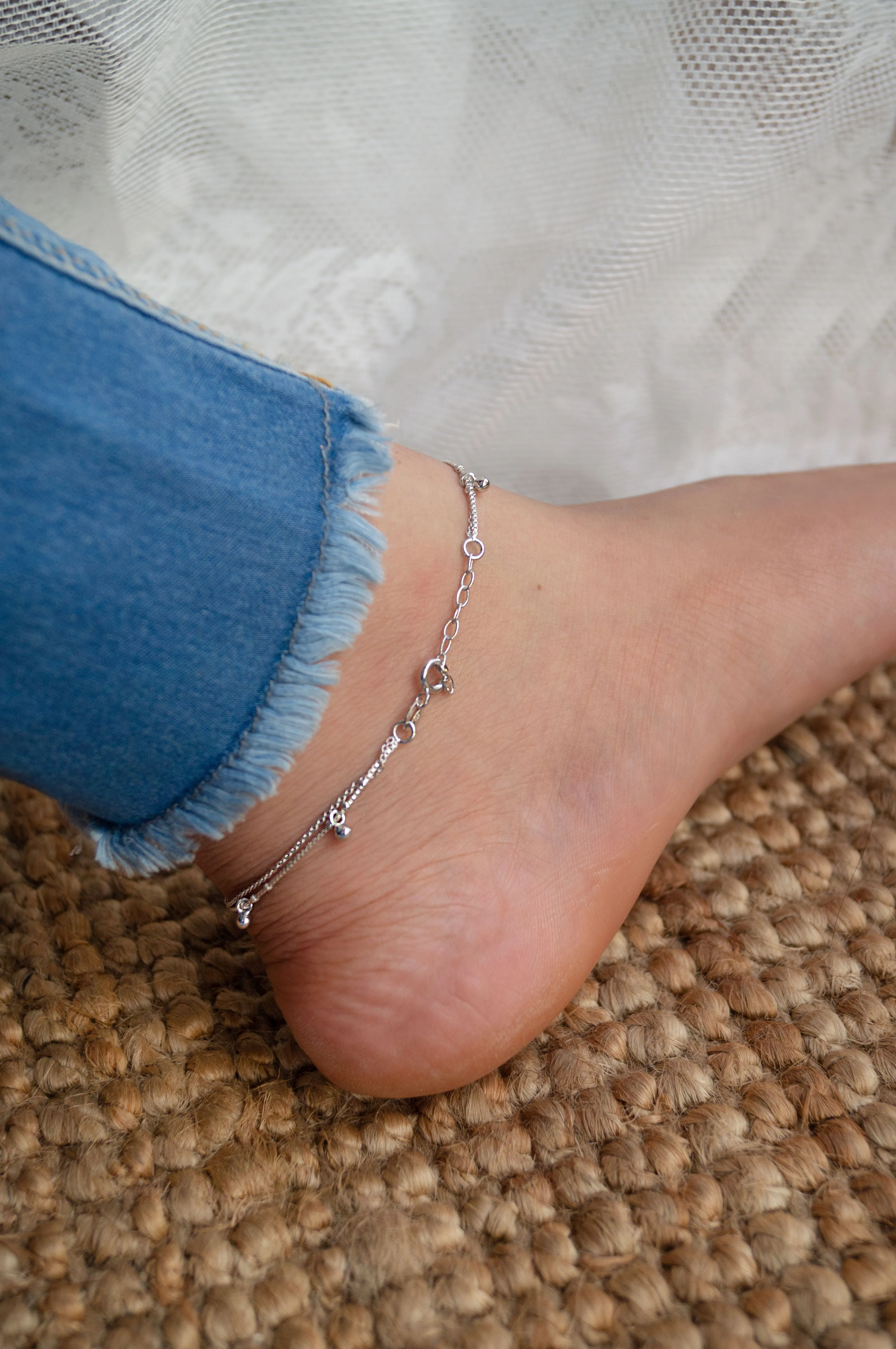 Tiny Little Ball Charms Sterling Silver Anklet