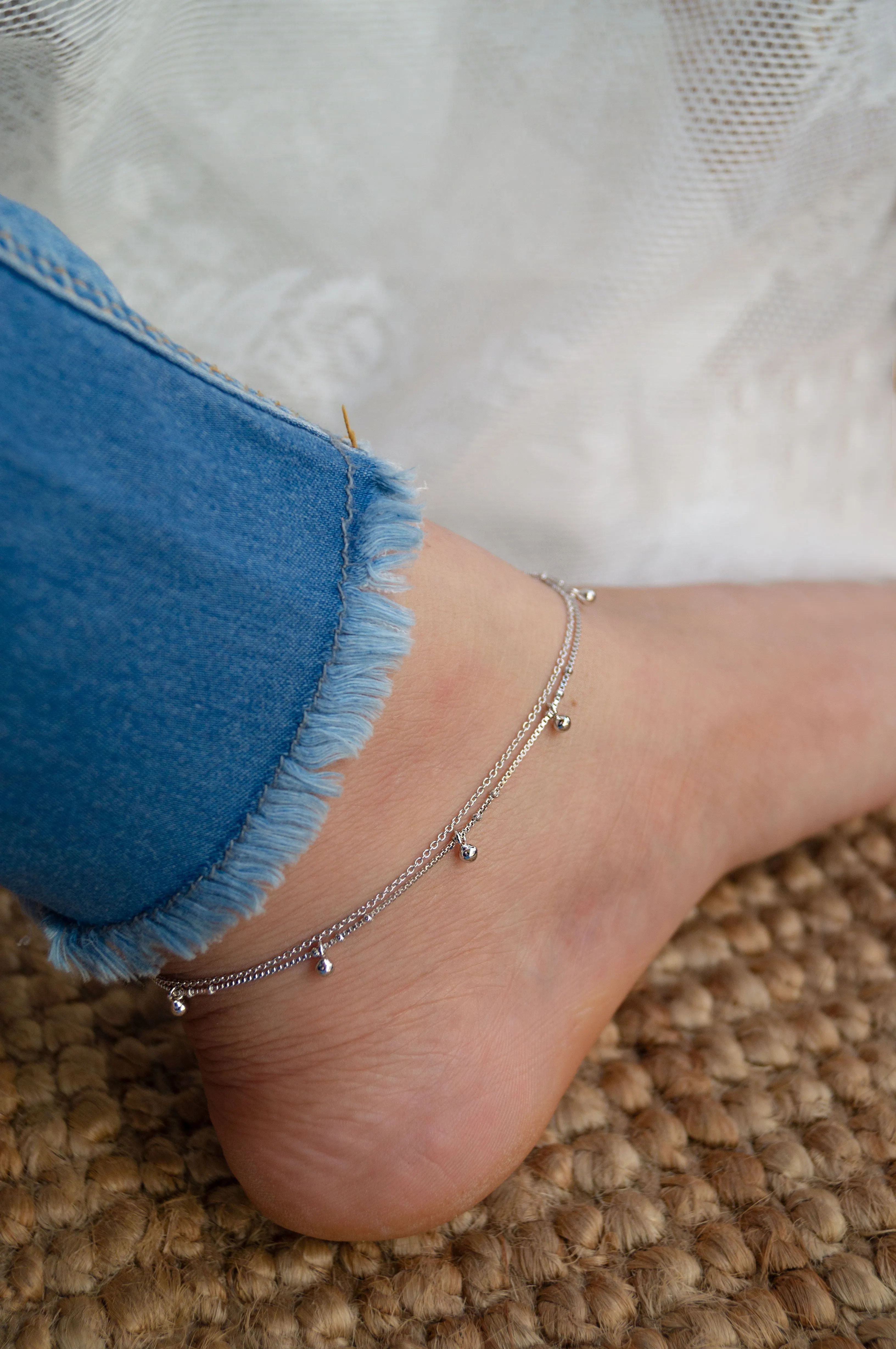 Tiny Little Ball Charms Sterling Silver Anklet