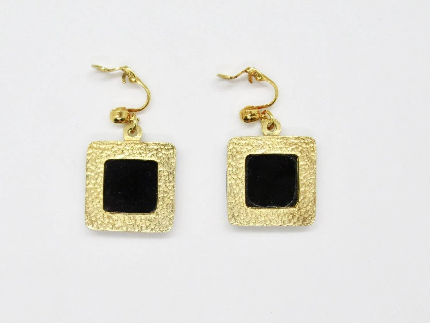 Vintage Modernist Dangling Square Black Disc Clip Earrings