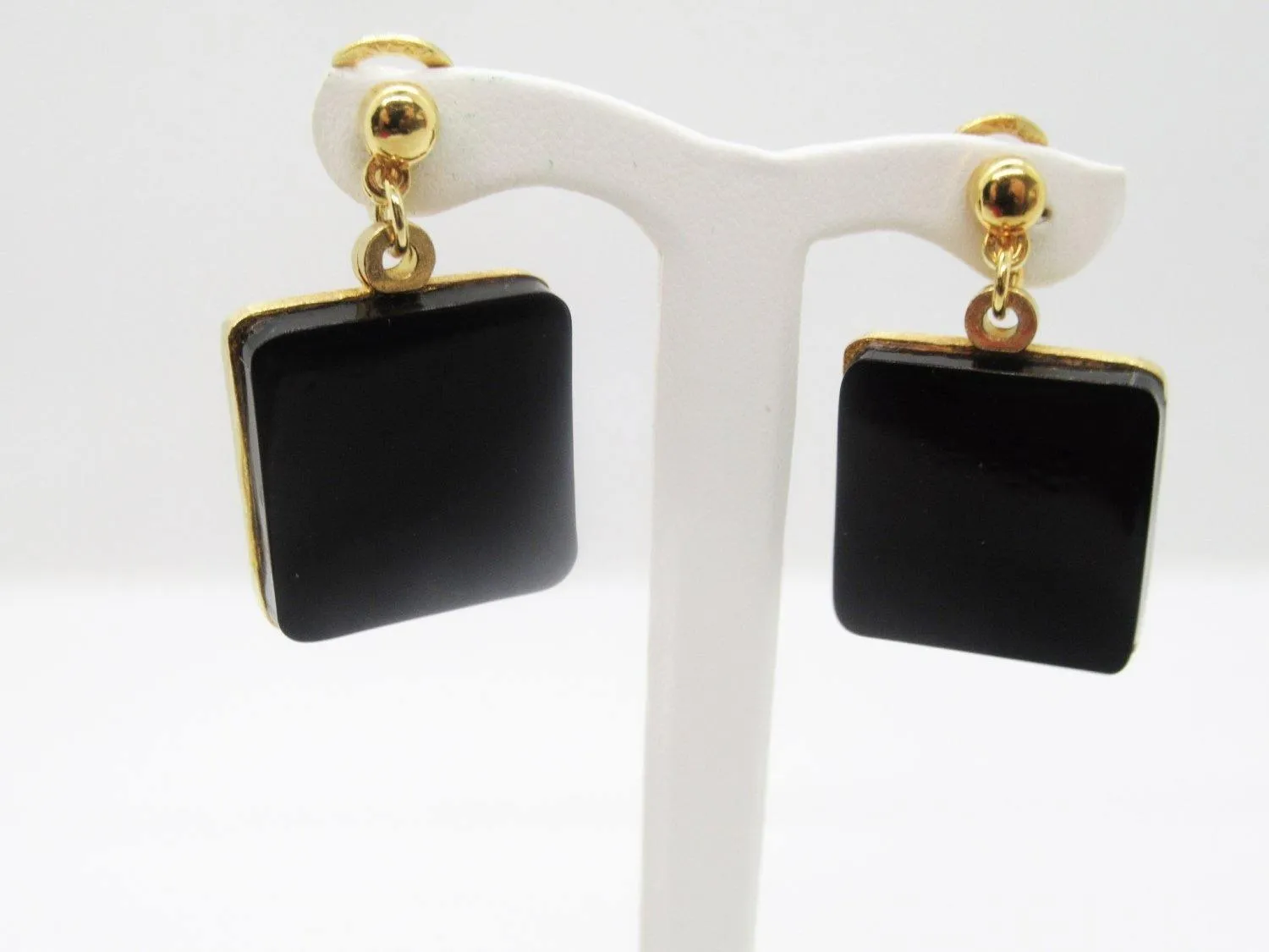 Vintage Modernist Dangling Square Black Disc Clip Earrings