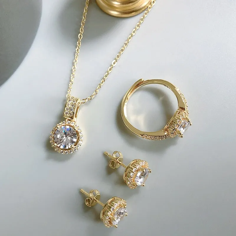 Wedding Jewelry Round Cut Crystal Jewelry Set for Bride with Zircon in Gold Color