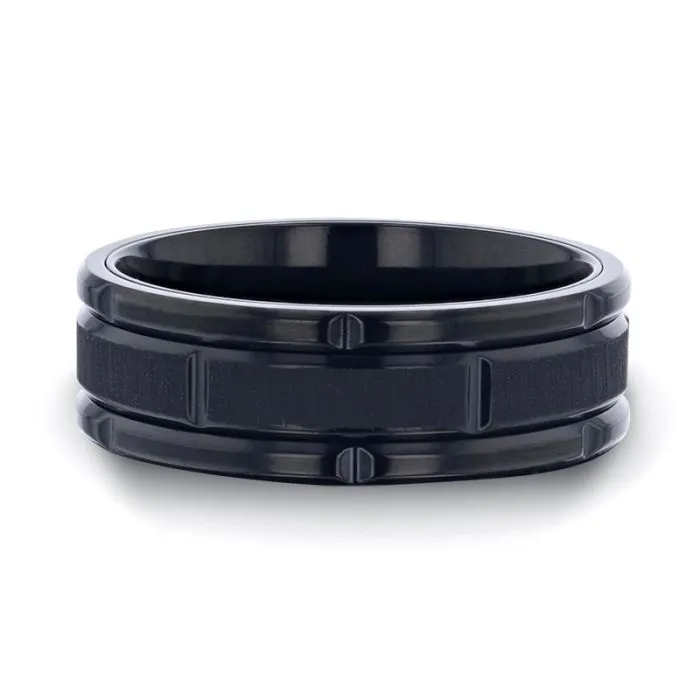 WYNN | Black Titanium Men's Wedding Band With Alternating Grooved