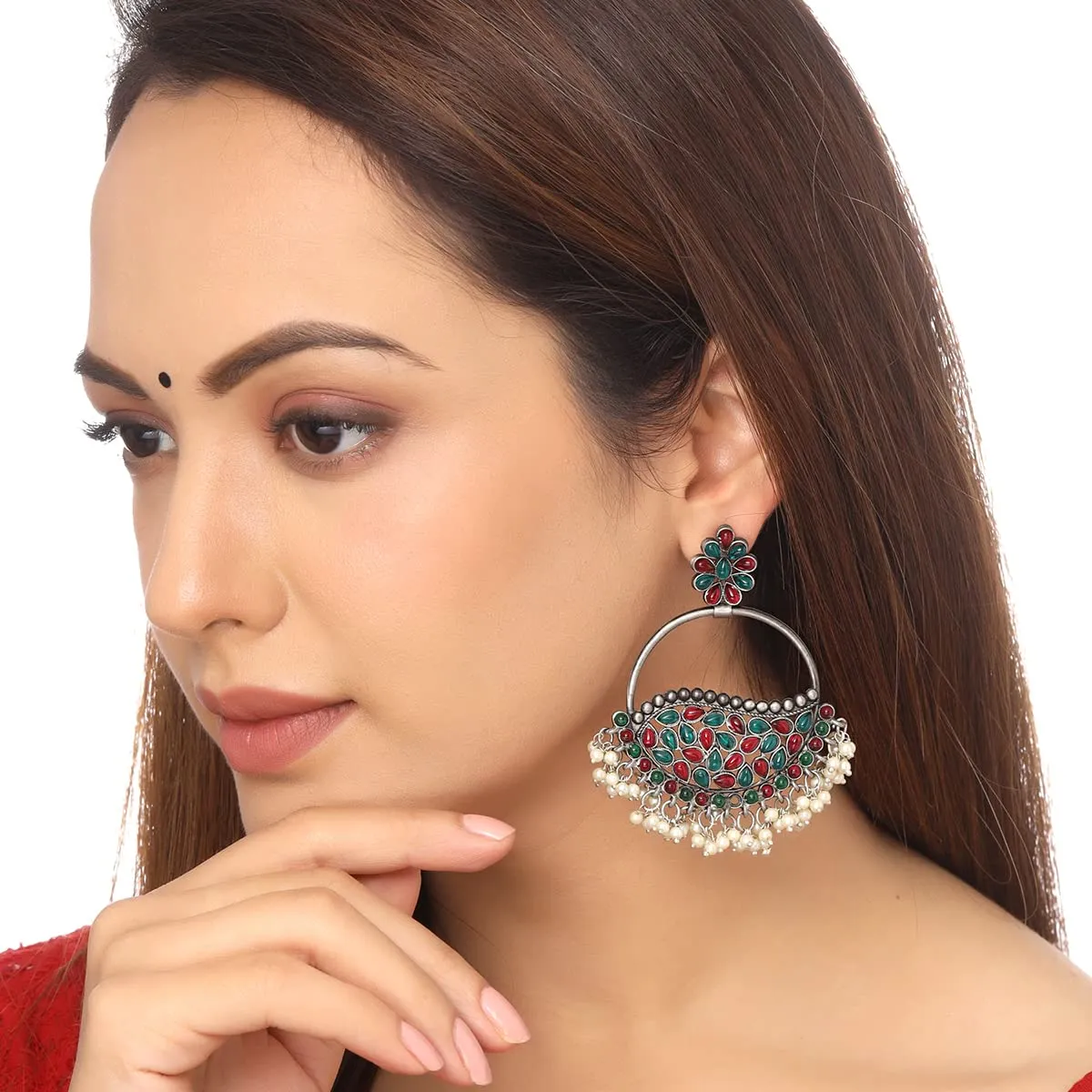 Yellow Chimes Earrings For Women Silver Toned Floral Shaped Multicolor Stone and Pearl Studded Chandbali Earrings For Women and Girls