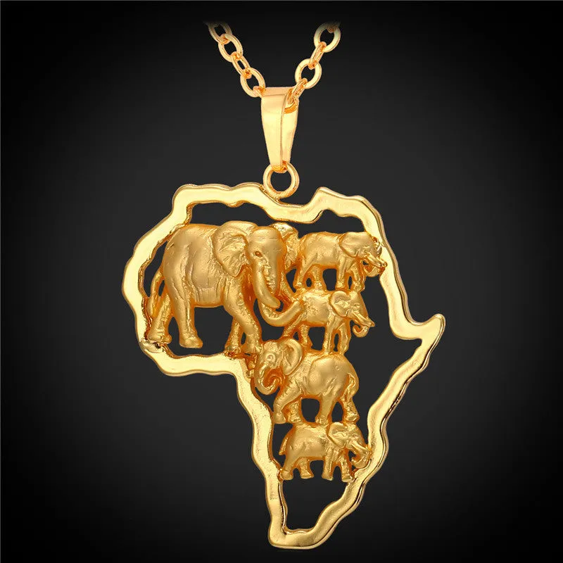 Yellow Gold Plated African Map Elephant Animal Jewelry Gift New Men/Women Ethnic Africa Pendant Necklace