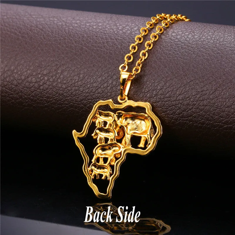 Yellow Gold Plated African Map Elephant Animal Jewelry Gift New Men/Women Ethnic Africa Pendant Necklace