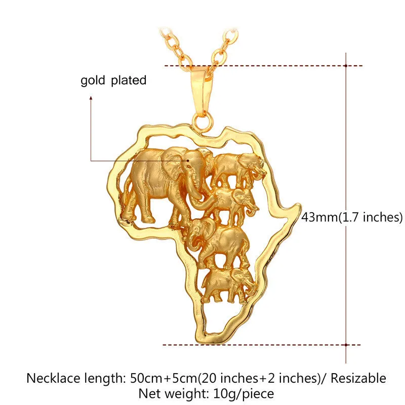 Yellow Gold Plated African Map Elephant Animal Jewelry Gift New Men/Women Ethnic Africa Pendant Necklace