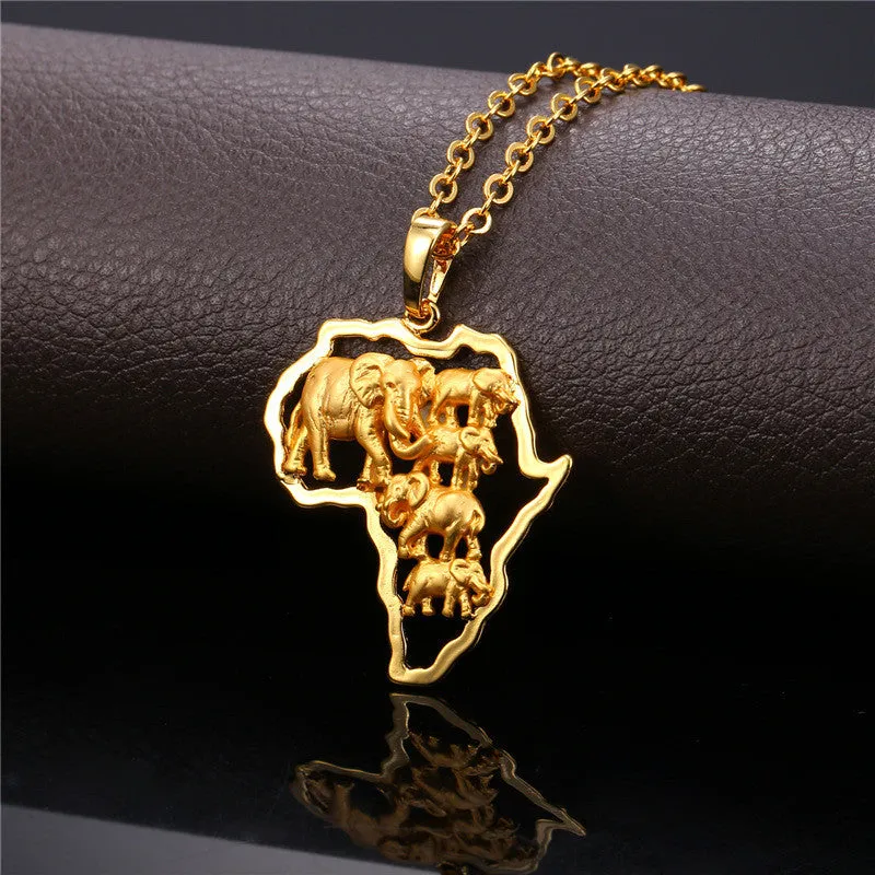 Yellow Gold Plated African Map Elephant Animal Jewelry Gift New Men/Women Ethnic Africa Pendant Necklace